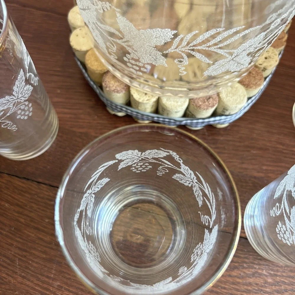 VTG‎ Bartlett Collins Frosted Grape Leaf Gold Rim Glasses 8oz (4) W/ Ice Bucket